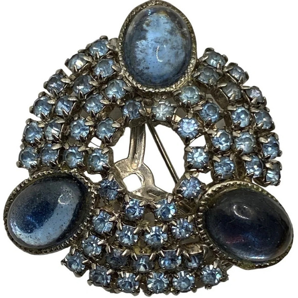 Vintage Blue Rhinestone Cabochon Silver Tone Brooch - Picture 2 of 5